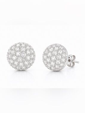 Silver Crystal Pave Stud Dome Earrings Rhinestone Round 0.56”